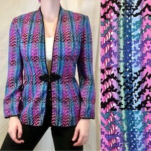 ❤️ LAST CHANCE Vintage 1980s Papell Petites Printed Silk Jacket w/ Toggle Clasp